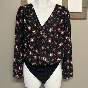 TORRID Black Floral Island Faux Button Pullover V-Neck Long Sleeve Bodysuit- 2X